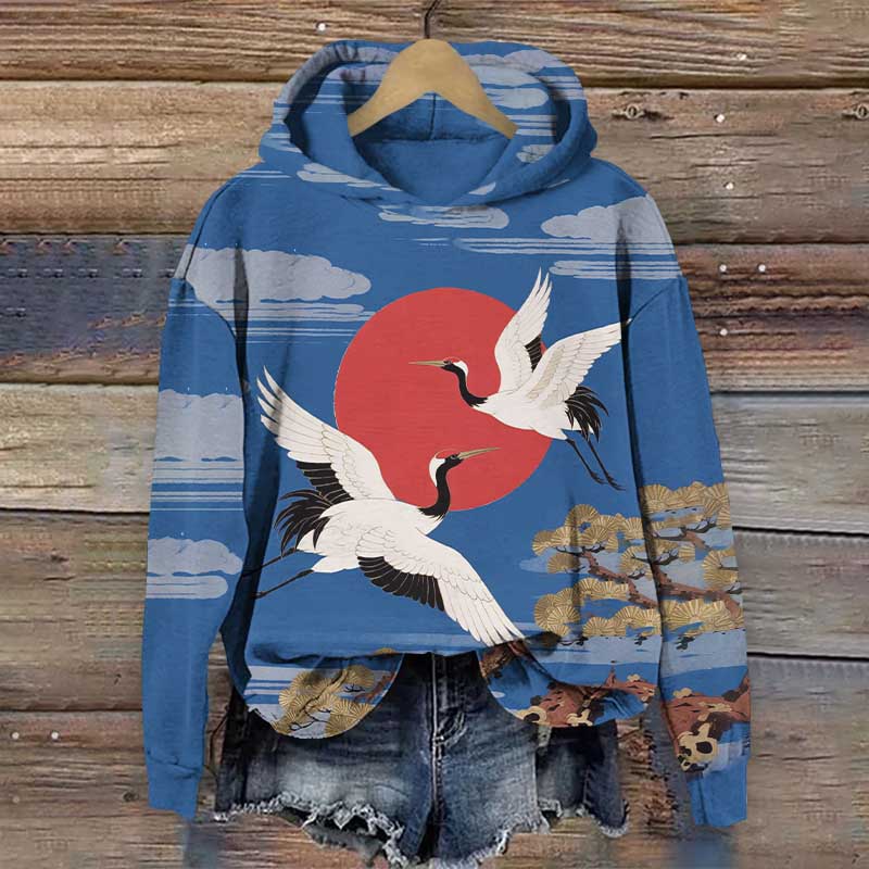 Japanese Vintage Crane Flying Around The Sun Print Long Sleeve Hoodie - Blue - US44-46(8XL) - image 1