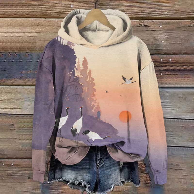 Japanese Contrast Color Oil Painting White Crane Print Long Sleeve Hoodie - Purple - US44-46(8XL) - image 1