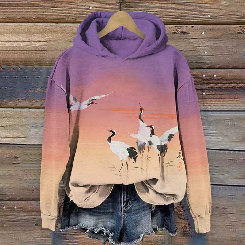 Japanese Ombre Flock Of White Cranes Print Long Sleeve Hoodie - Purple - US44-46(8XL) - image 3