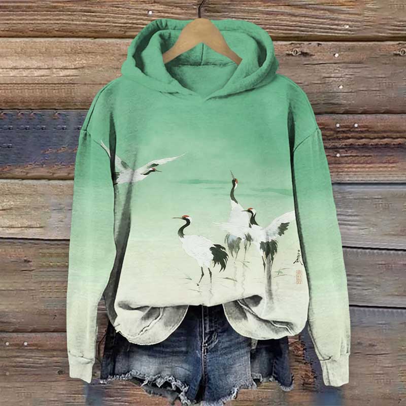 Japanese Ombre Flock Of White Cranes Print Long Sleeve Hoodie - Green - US44-46(8XL) - image 2