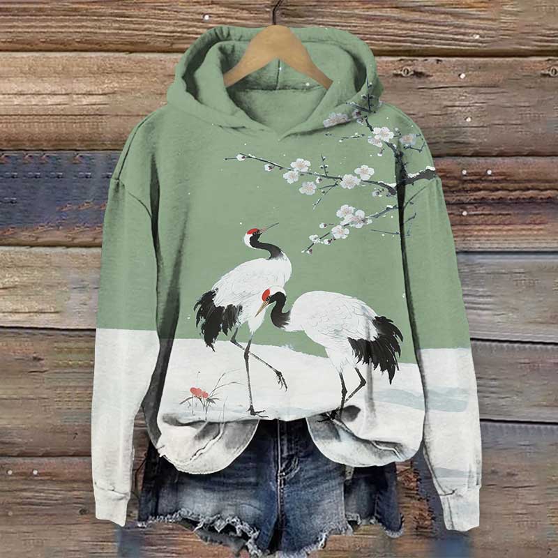 Japanese Winter Crane Under Plum Blossom Tree Print Long Sleeve Hoodie - Green - US44-46(8XL) - image 2