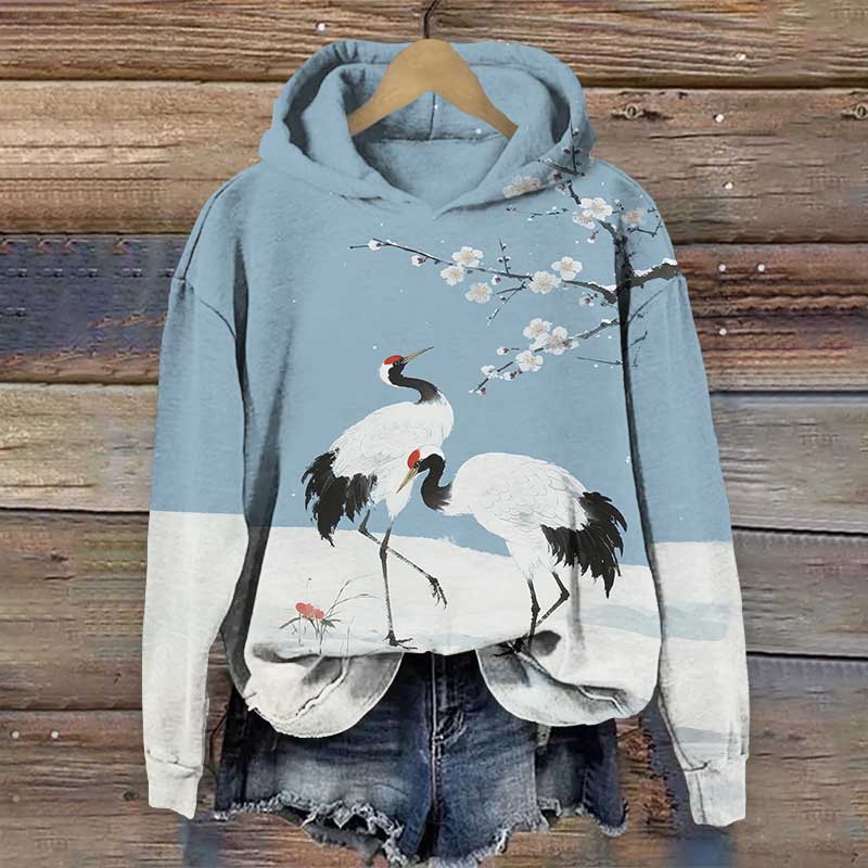 Japanese Winter Crane Under Plum Blossom Tree Print Long Sleeve Hoodie - Blue - US44-46(8XL) - image 1