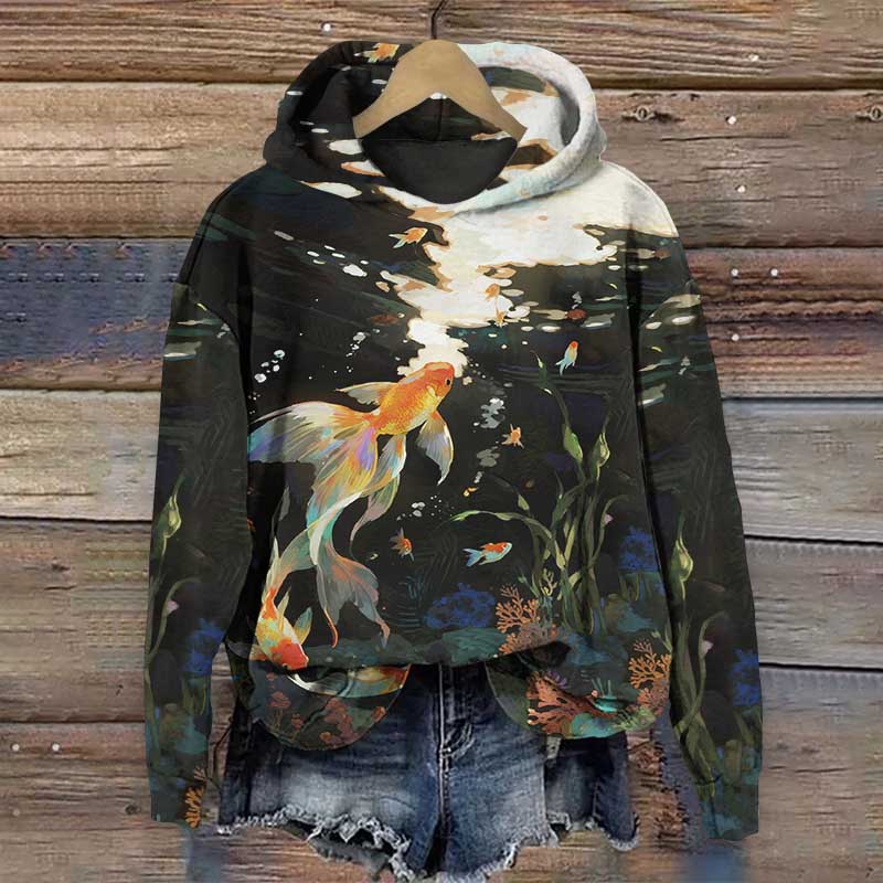 Japanese Oil Painting Fantasy Goldfish Art Print Long Sleeve Hoodie - Black - US44-46(8XL) - image 1