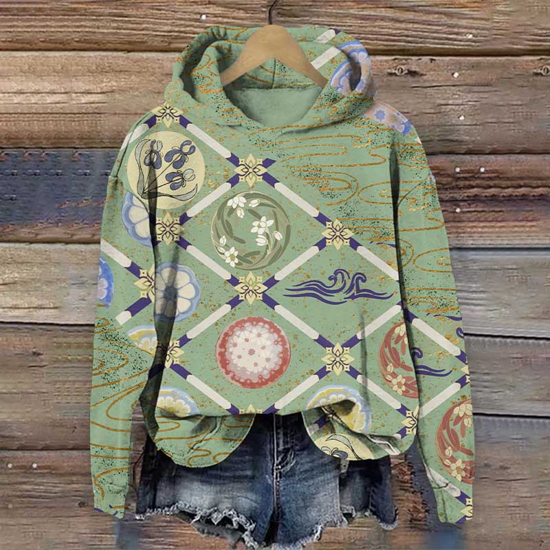 Traditional Geometric Floral Art Print Long Sleeve Hoodie - Green - US44-46(8XL) - image 1