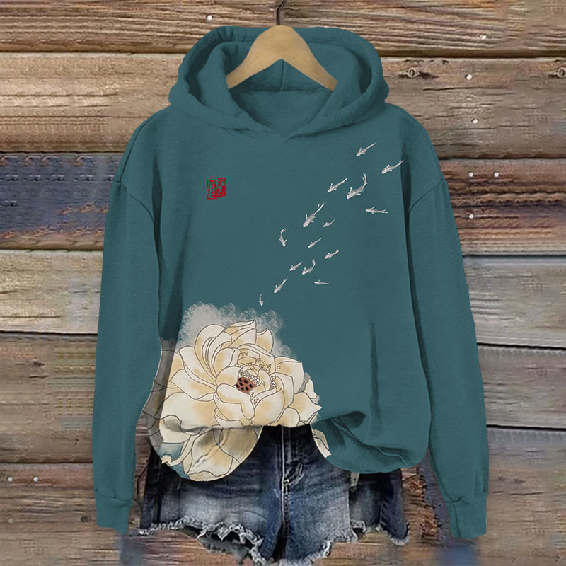 Flower With School Of Fish  Print Long Sleeve Hoodie - Navy Blue - US44-46(8XL) - image 2