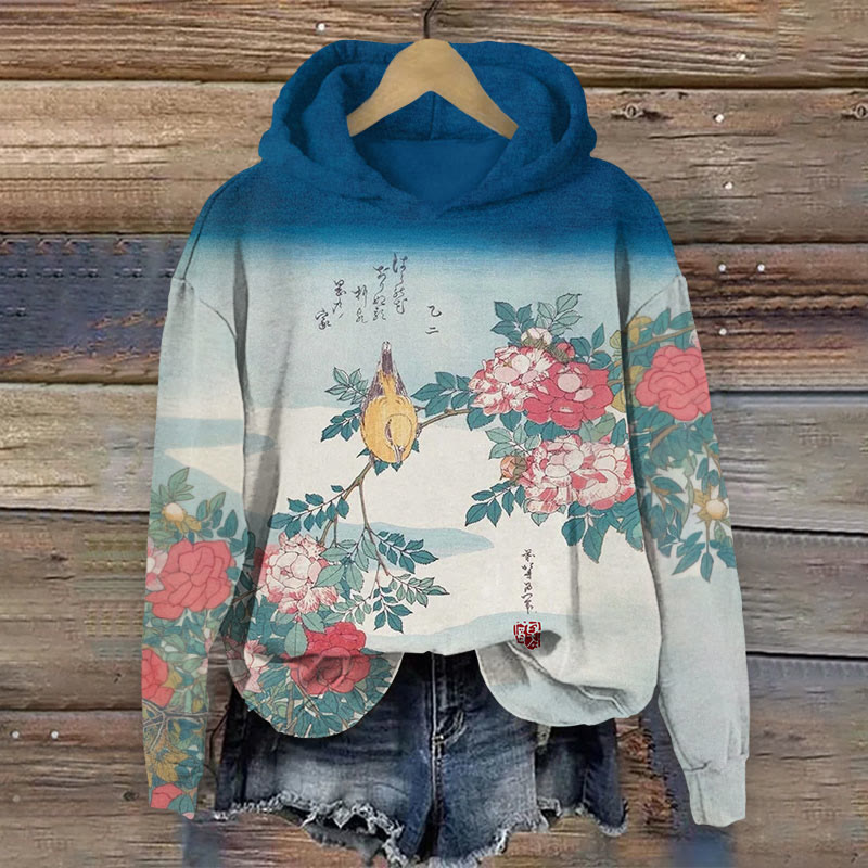 Japanese Colorblock Floral With Bird Print Long Sleeve Hoodie - Blue - US44-46(8XL) - image 1