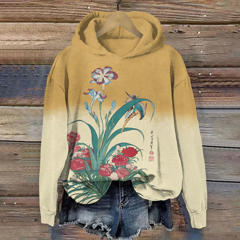 Colorblock Floral With Bird Print Long Sleeve Hoodie - Yellow - US44-46(8XL) - image 2