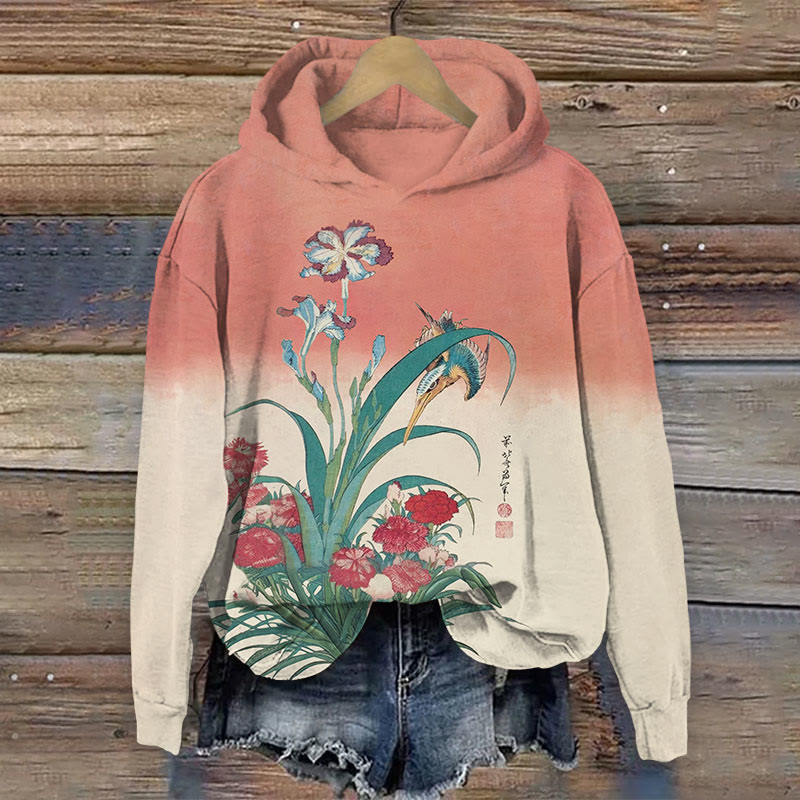 Colorblock Floral With Bird Print Long Sleeve Hoodie - Pink - US44-46(8XL) - image 1