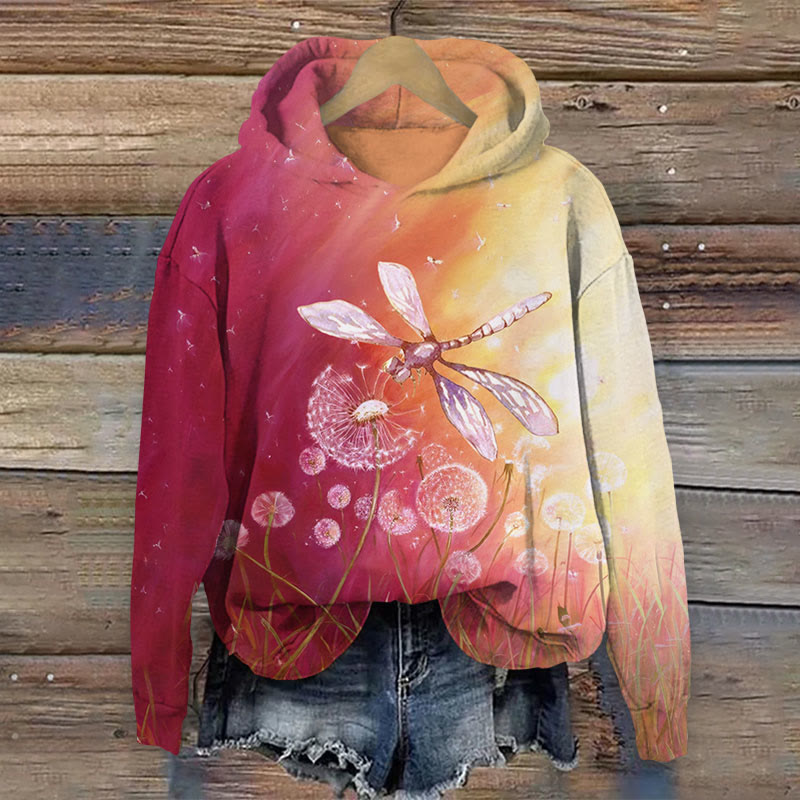 Colorblock dandelion & dragonfly print Long Sleeve Hoodie - Rose - US44-46(8XL) - image 1