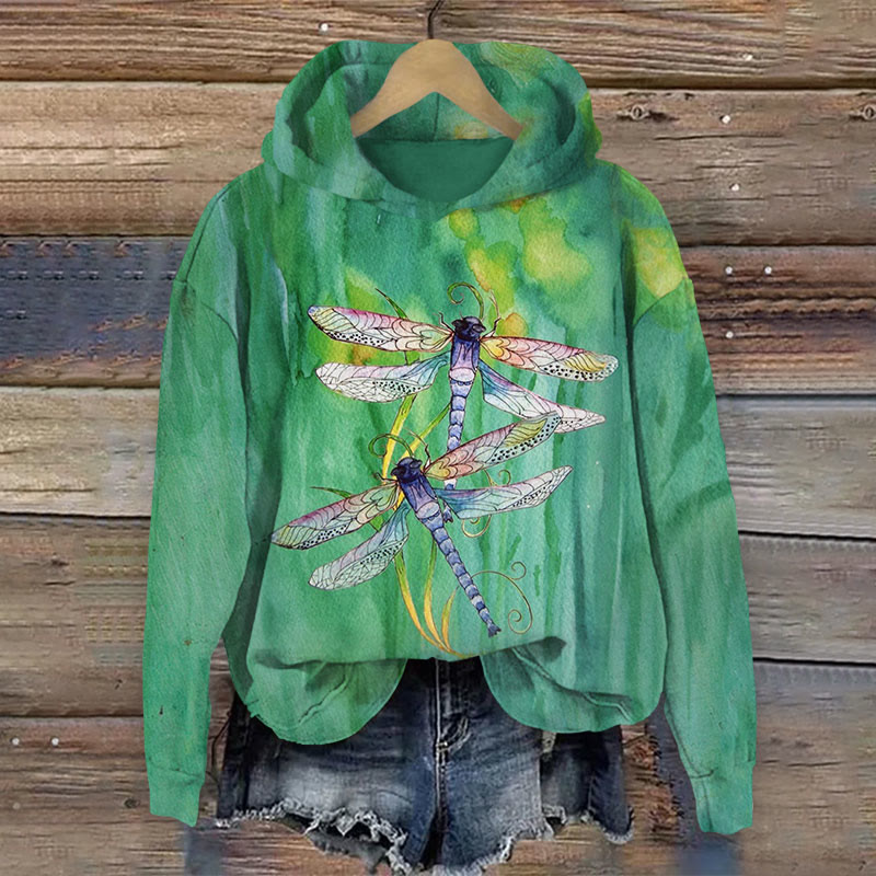 Nature Dragonfly Print Long Sleeve Hoodie - Green - US44-46(8XL) - image 1