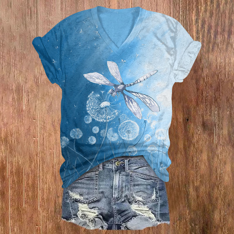 Colorblock Dandelion & Dragonfly Print V-neck T-shirt - Blue - US32-34(5XL) - image 2