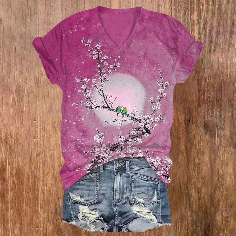Waterclor Floral Bloomimg Print V-neck T-shirt - Rose - US32-34(5XL) - image 2