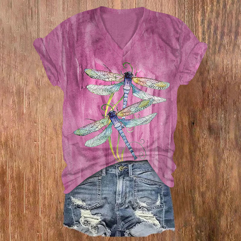 Nature Dragonfly Print V-neck T-shirt - Rose - US32-34(5XL) - image 2