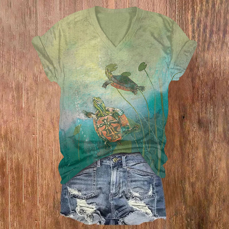 Japanese View Turtle Swim In The Lotus Pond Print V-neck T-shirt - Green - US32-34(5XL) - image 1