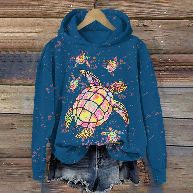 Fantasy Colorful Sea Turtle Art Print Long Sleeve Hoodie - Blue - US44-46(8XL) - image 2