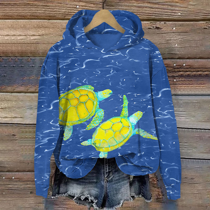 Lovely Watercolor Cartoon Swimming Sea Turtle Print Long Sleeve Hoodie - Blue - US44-46(8XL) - image 1