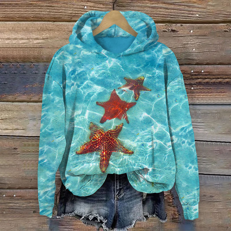 Crystal Clear Ocean Starfish Print Long Sleeve Hoodie - Lake Blue - US44-46(8XL) - image 1