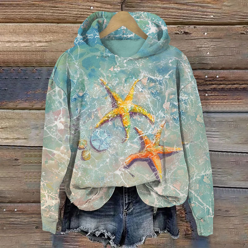 Vintage Cute Starfish Art Print Long Sleeve Hoodie - Blue - US44-46(8XL) - image 1