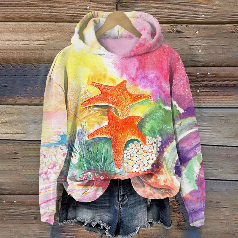 Oil Painting Colorful Starfish Print Long Sleeve Hoodie - Multicolor - US44-46(8XL) - image 1