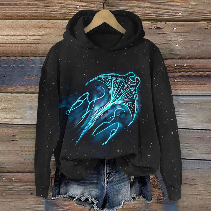 Vintage Starry Glowing Ray Print Long Sleeve Hoodie - Black - US44-46(8XL) - image 1