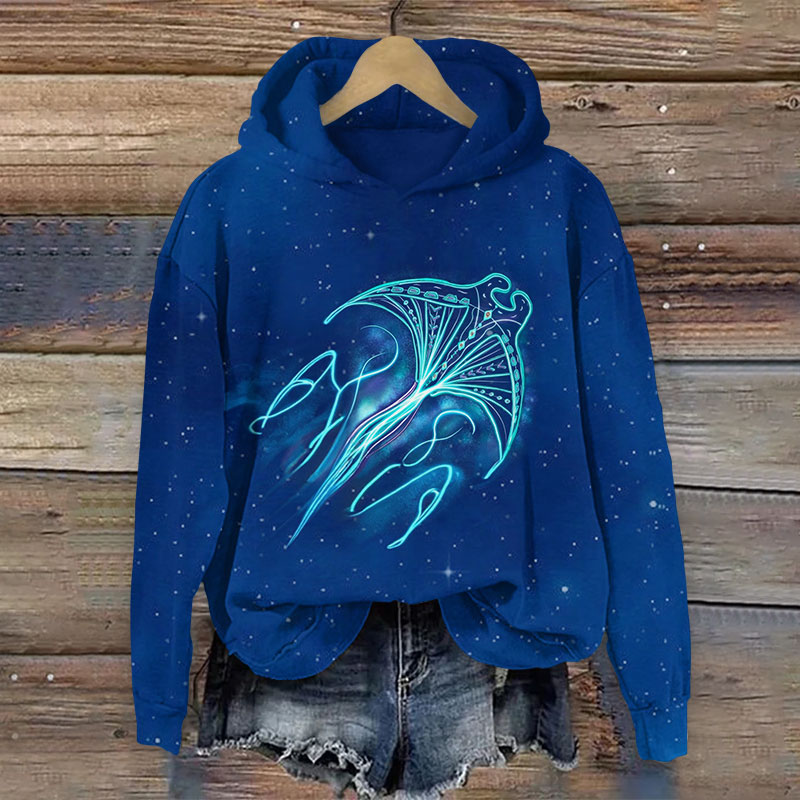 Vintage Starry Glowing Ray Print Long Sleeve Hoodie - Blue - US44-46(8XL) - image 2