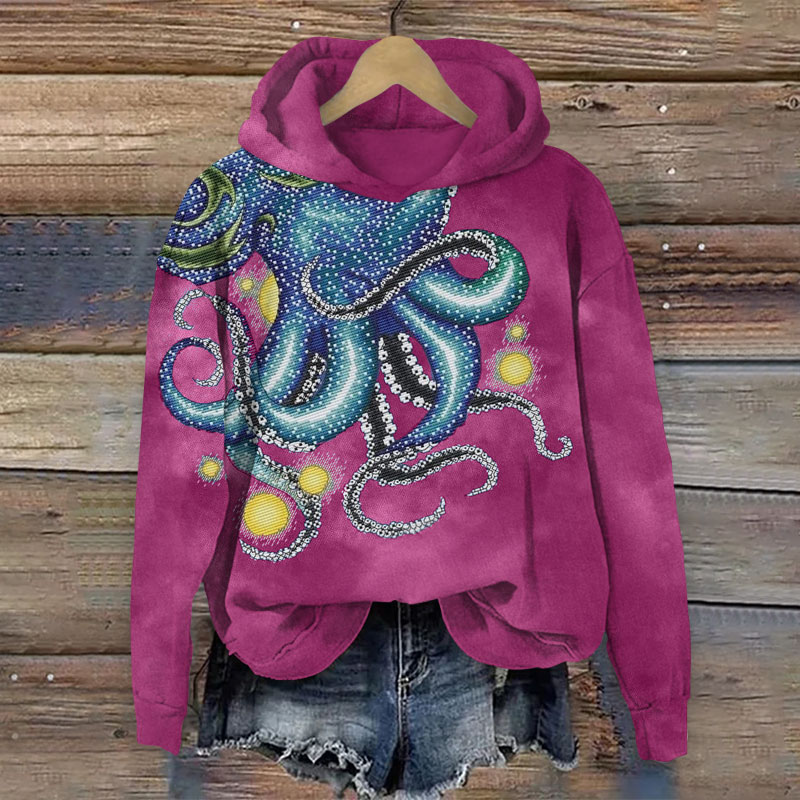 Vintage Shimmering Octopus Pattern Print Long Sleeve Hoodie - Rose - US44-46(8XL) - image 1