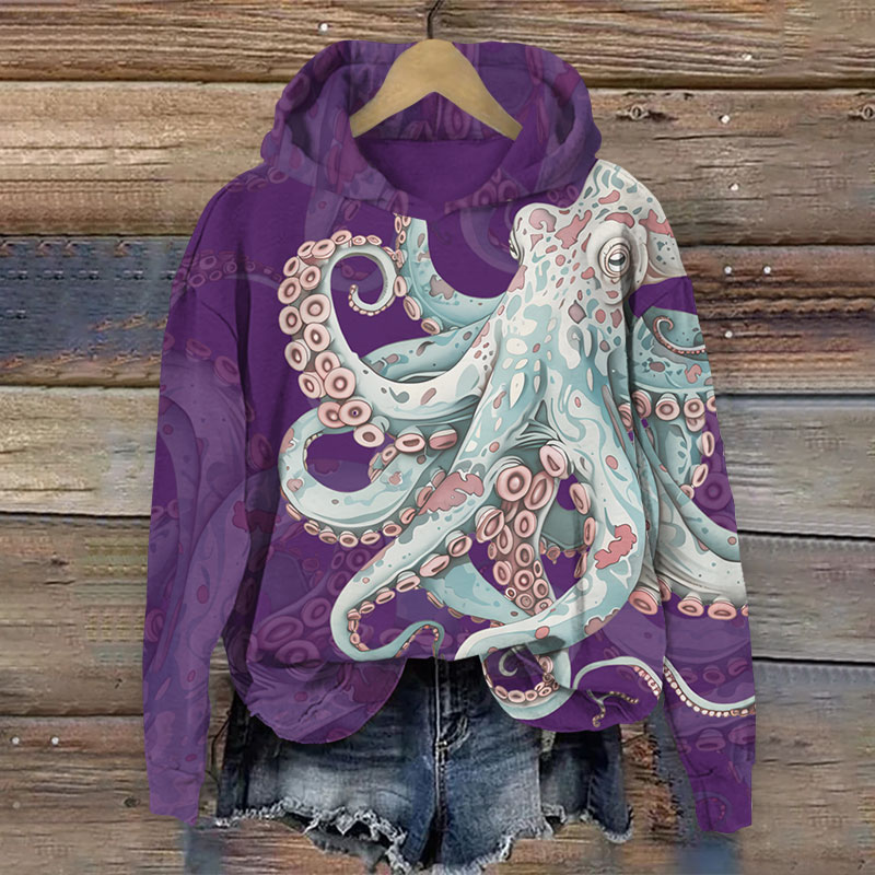 Vintage Giant Leopard Octopus Print Long Sleeve Hoodie - Purple - US44-46(8XL) - image 2