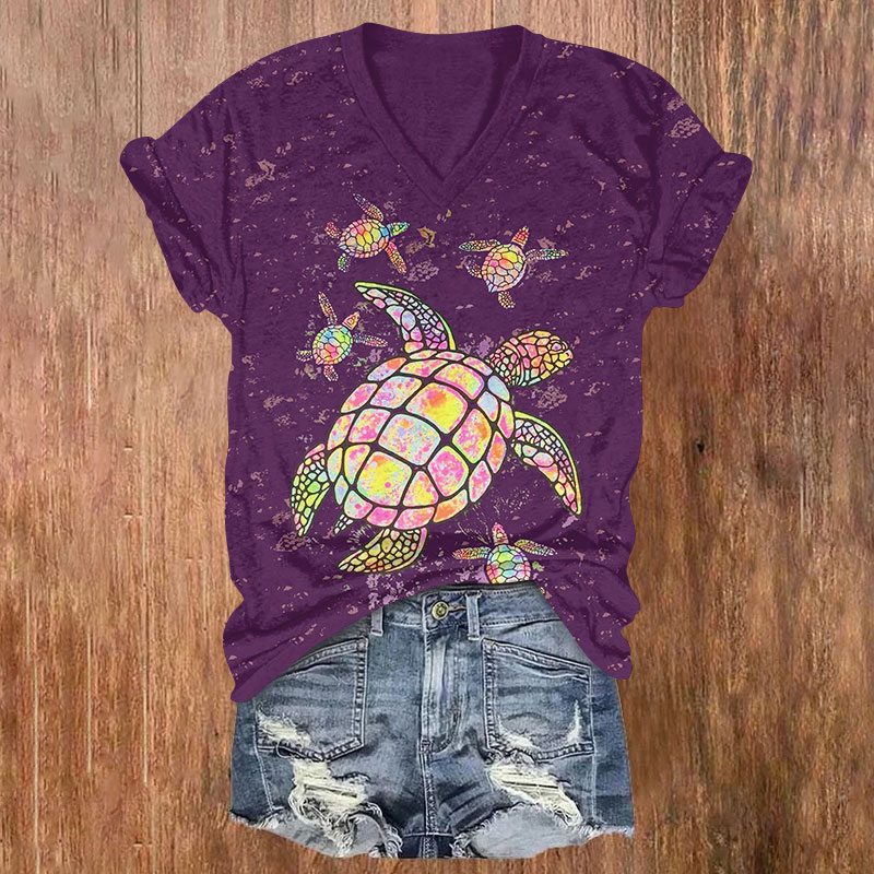 Fantasy Colorful Sea Turtle Art Print V-neck T-shirt - Purple - US32-34(5XL) - image 1