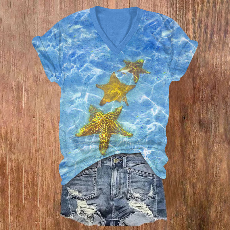 Crystal Clear Ocean Starfish Print V-neck T-shirt - Blue - US32-34(5XL) - image 2