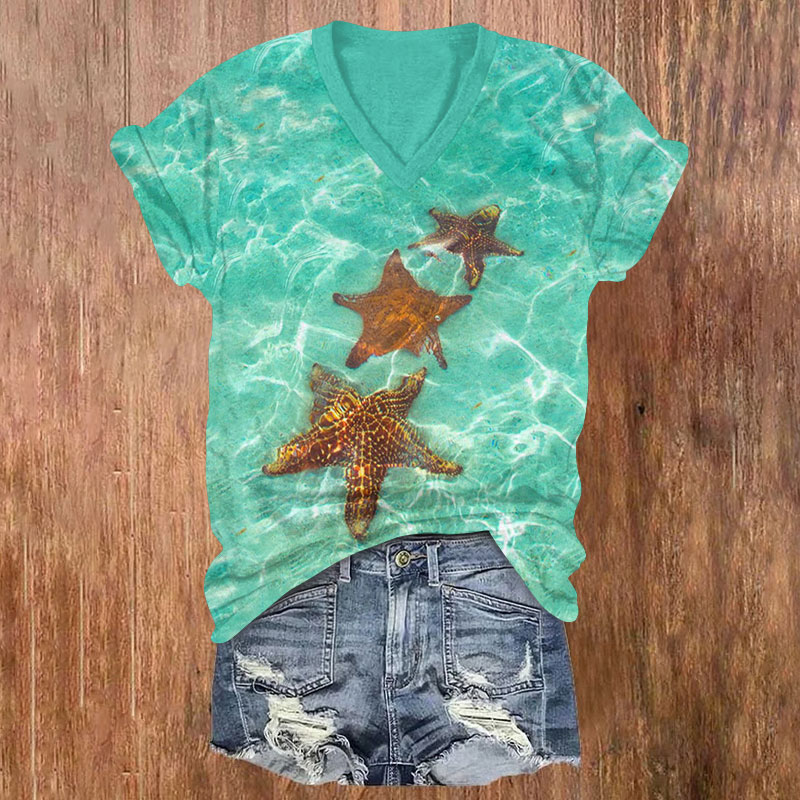 Crystal Clear Ocean Starfish Print V-neck T-shirt - Green - US32-34(5XL) - image 1