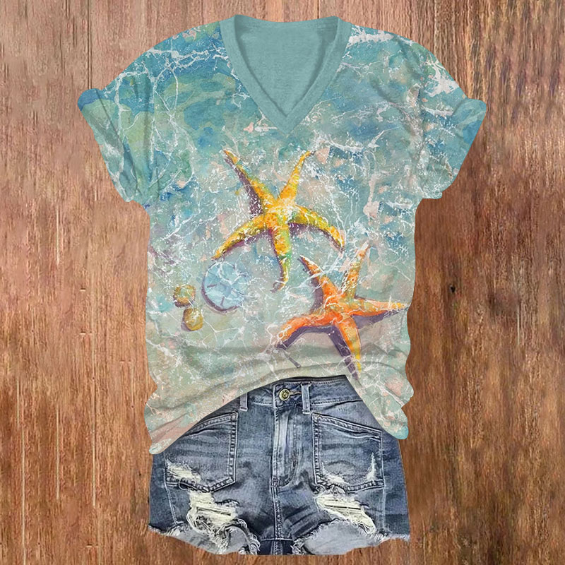 Vintage Cute Starfish Art Print V-neck T-shirt - Blue - US32-34(5XL) - image 1