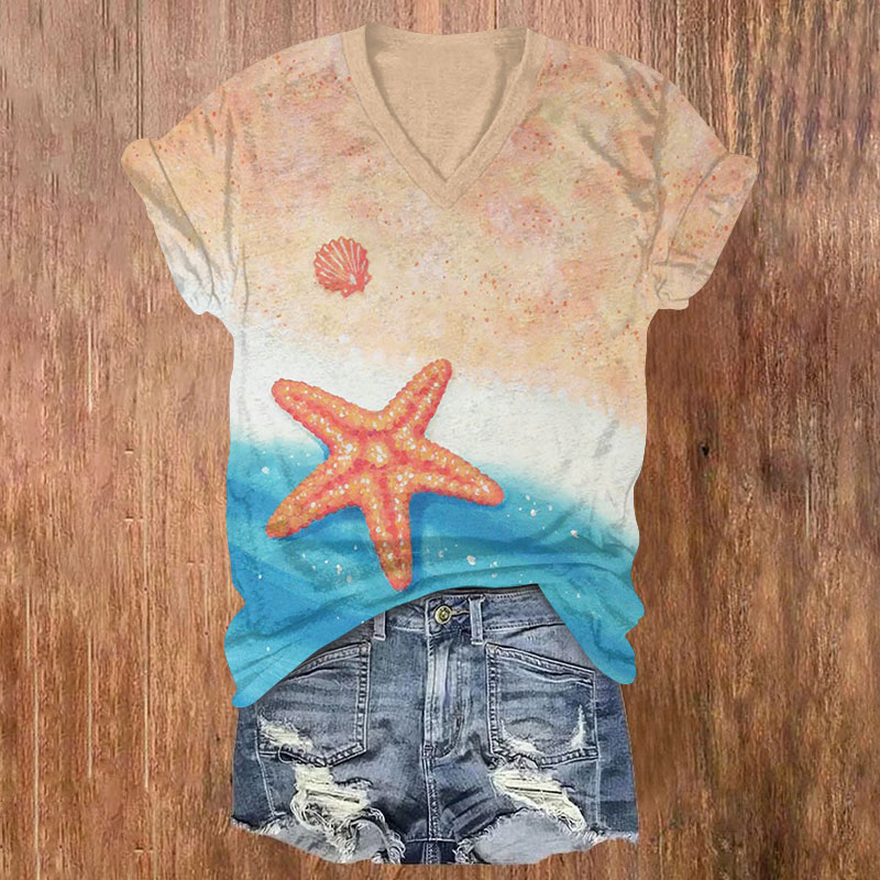 Vintage Sparkling Starfish & Shell Print V-neck T-shirt - Orange - US32-34(5XL) - image 1