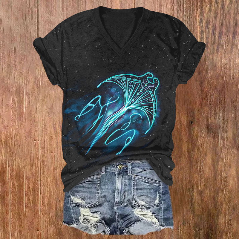 Vintage Starry Glowing Ray Print V-neck T-shirt - Black - US32-34(5XL) - image 2