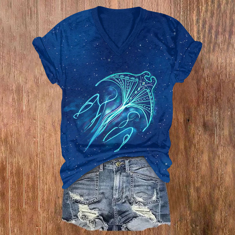 Vintage Starry Glowing Ray Print V-neck T-shirt - Blue - US32-34(5XL) - image 1