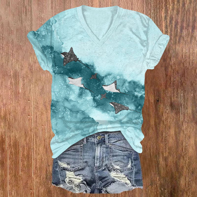 Vintage Ink Splash Ocean Ray Print V-neck T-shirt - Blue - US32-34(5XL) - image 2