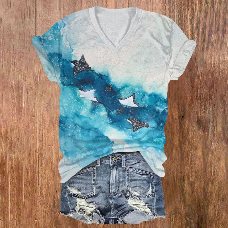 Vintage Ink Splash Ocean Ray Print V-neck T-shirt - White - US32-34(5XL) - image 1