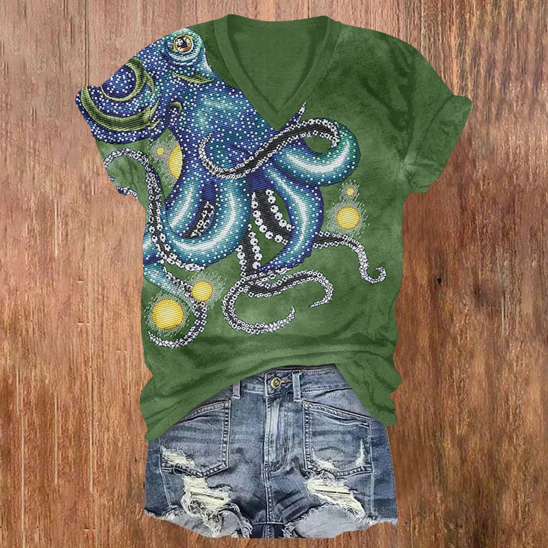 Vintage Shimmering Octopus Pattern Print V-neck T-shirt - Green - US32-34(5XL) - image 1