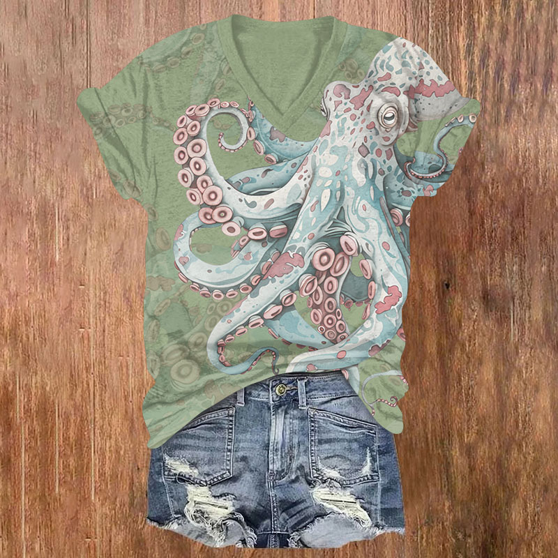 Vintage Giant Leopard Octopus Print V-neck T-shirt - Green - US32-34(5XL) - image 2