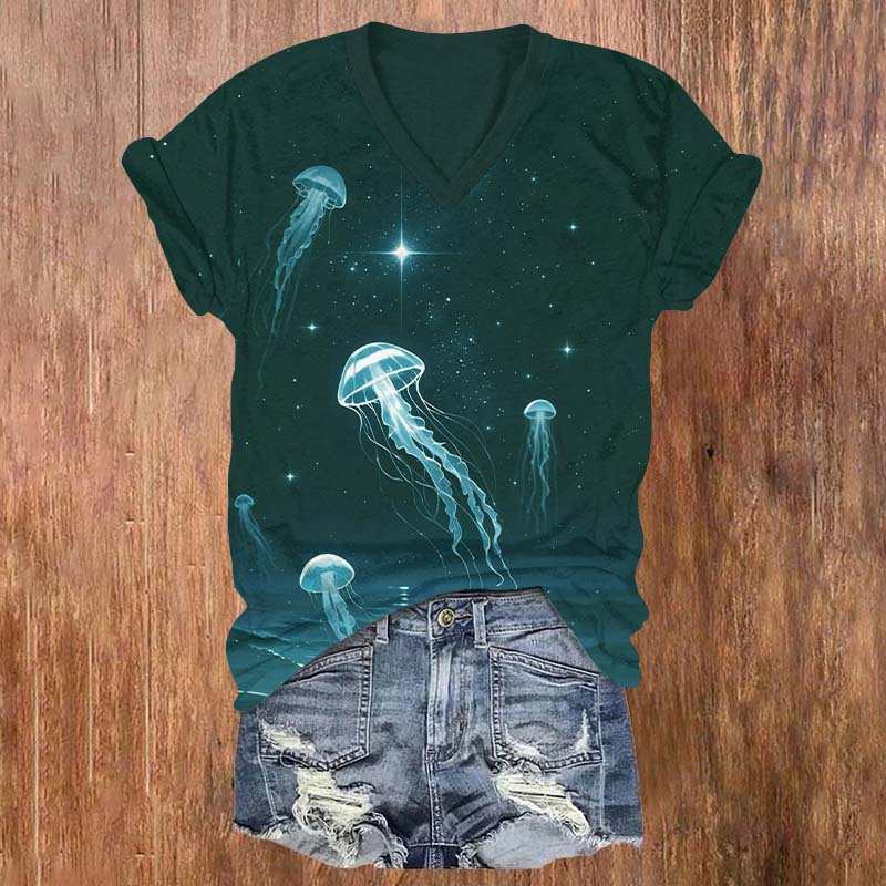 Vintage Starry Glowing Transparent Jellyfish Print V-neck T-shirt - Green - US32-34(5XL) - image 2