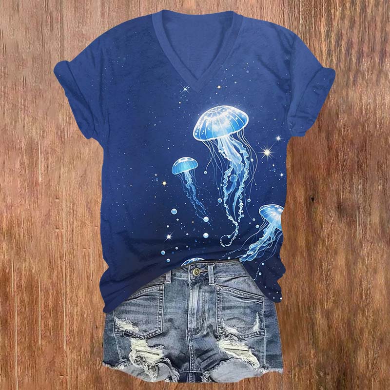 Glowing Dancing Bubble Jellyfish Print V-neck T-shirt - Blue - US32-34(5XL) - image 2