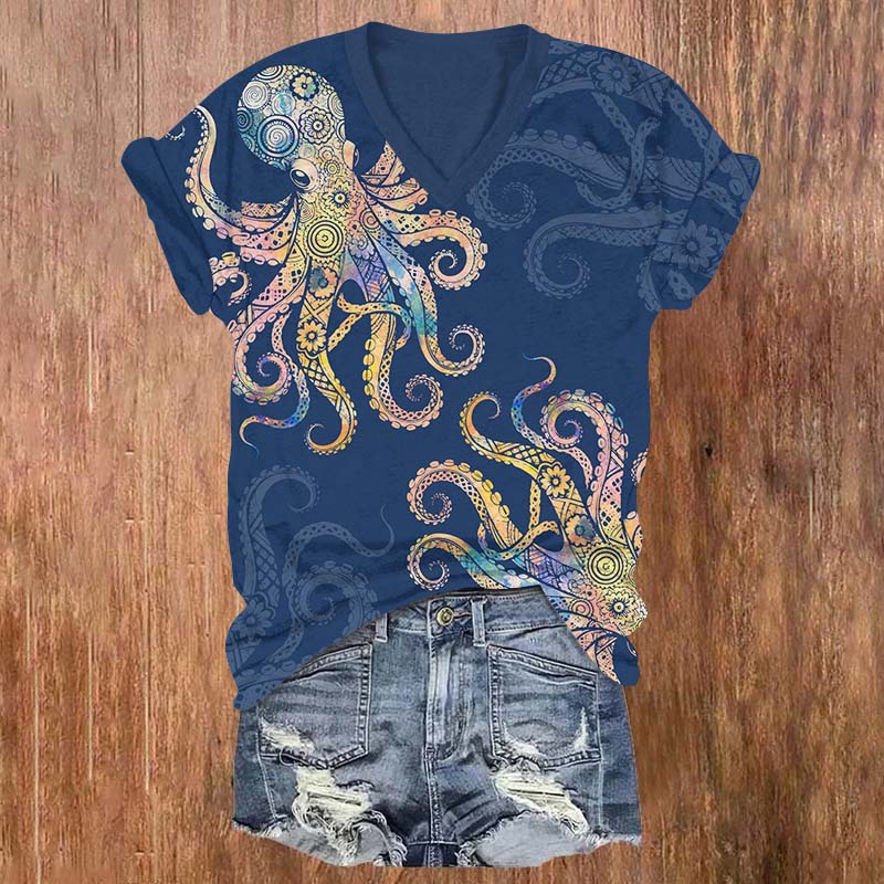 Vintage Ombre Colorful Floral Octopus Print V-neck T-shirt - Blue - US32-34(5XL) - image 2