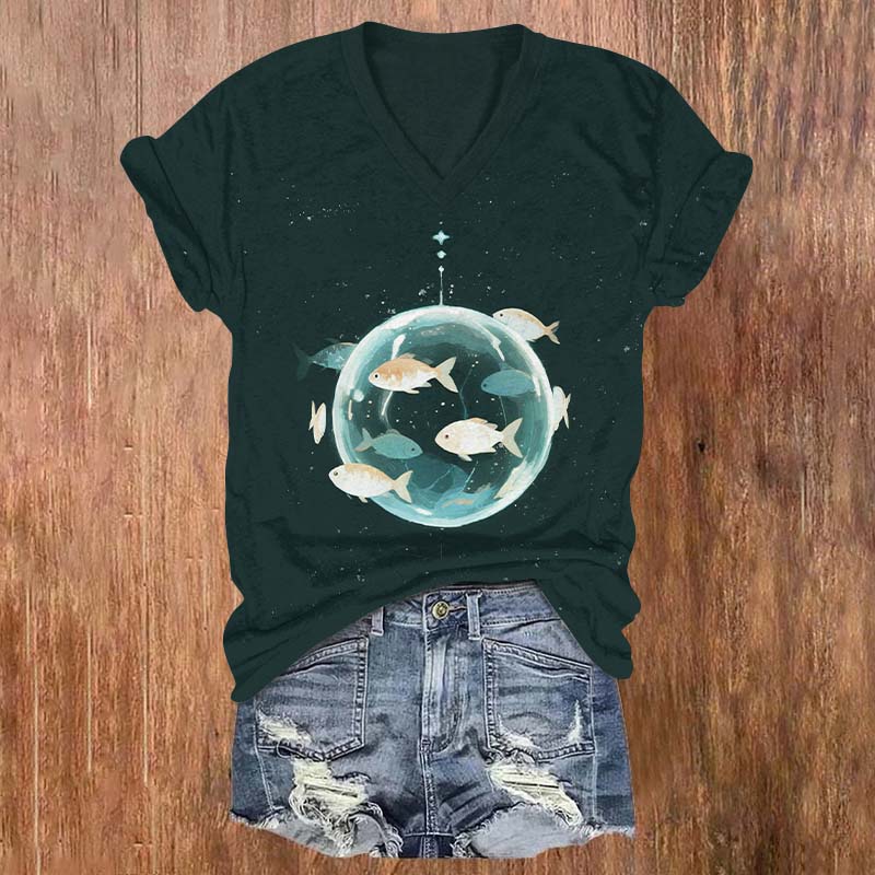 Funny Fish Swimming Around The Transparent Sphere Print V-neck T-shirt - Green - US32-34(5XL) - image 1