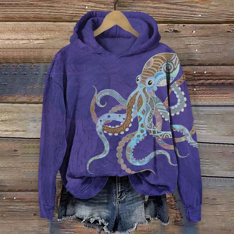 Vintage Ethnic Pattern Octopus Print Long Sleeve Hoodie - Purple - US44-46(8XL) - image 1