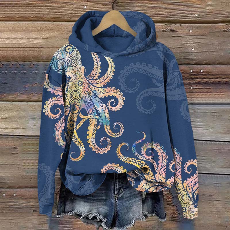 Vintage Ombre Colorful Floral Octopus Print Long Sleeve Hoodie - Blue - US44-46(8XL) - image 2