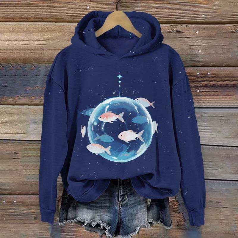 Funny Fish Swimming Around The Transparent Sphere Print Long Sleeve Hoodie - Blue - US44-46(8XL) - image 1