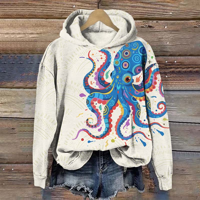 Funny Colorful Geometric Octopus Pattern Print Long Sleeve Hoodie - White - US44-46(8XL) - image 1