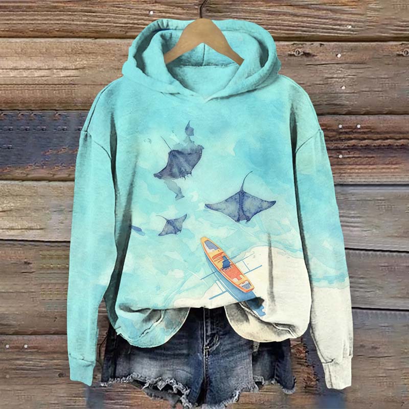 Vintage Ocean Ray & Small Boat Print Long Sleeve Hoodie - Blue - US44-46(8XL) - image 1