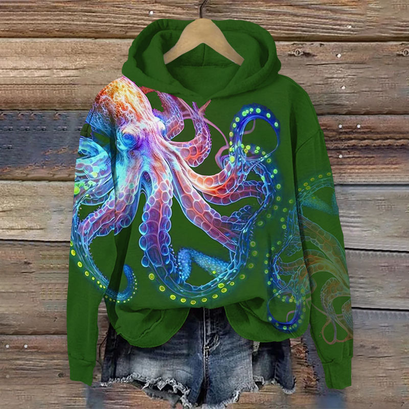 Vintage Technological Octopus Print Long Sleeve Hoodie - Green - US44-46(8XL) - image 2