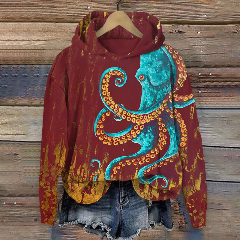Mysterious Original Octopus Art Print Long Sleeve Hoodie - Red - US44-46(8XL) - image 1