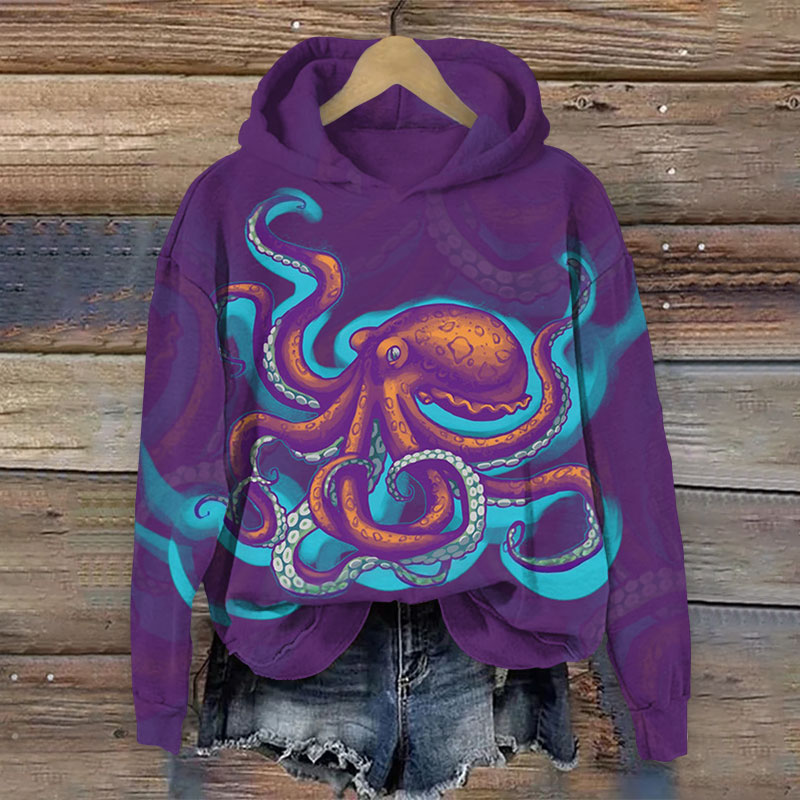 Retro Cartoon Octopus Art Print Long Sleeve Hoodie - Purple - US44-46(8XL) - image 1